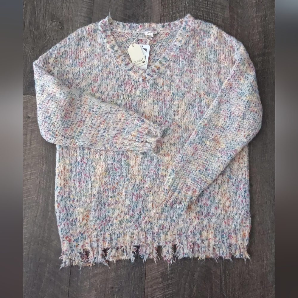 JODIFL Multicolor Frayed V-Neck Sweater
